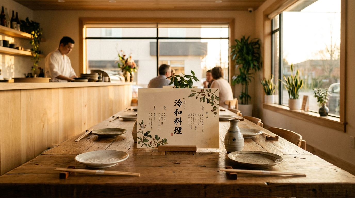 Nanakusa restaurant interior at golden hour with a designed menu on the table