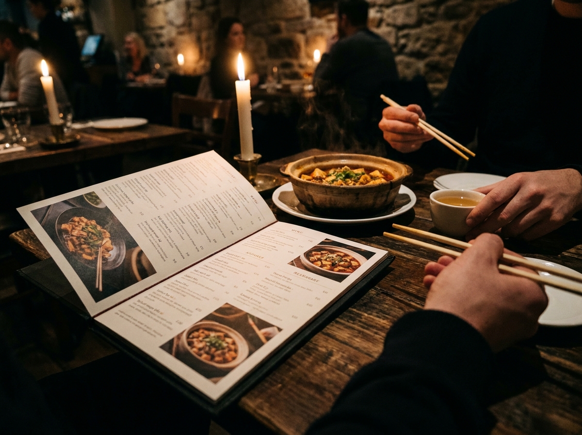 A printed restaurant menu open on a candlelit table with food and chopsticks