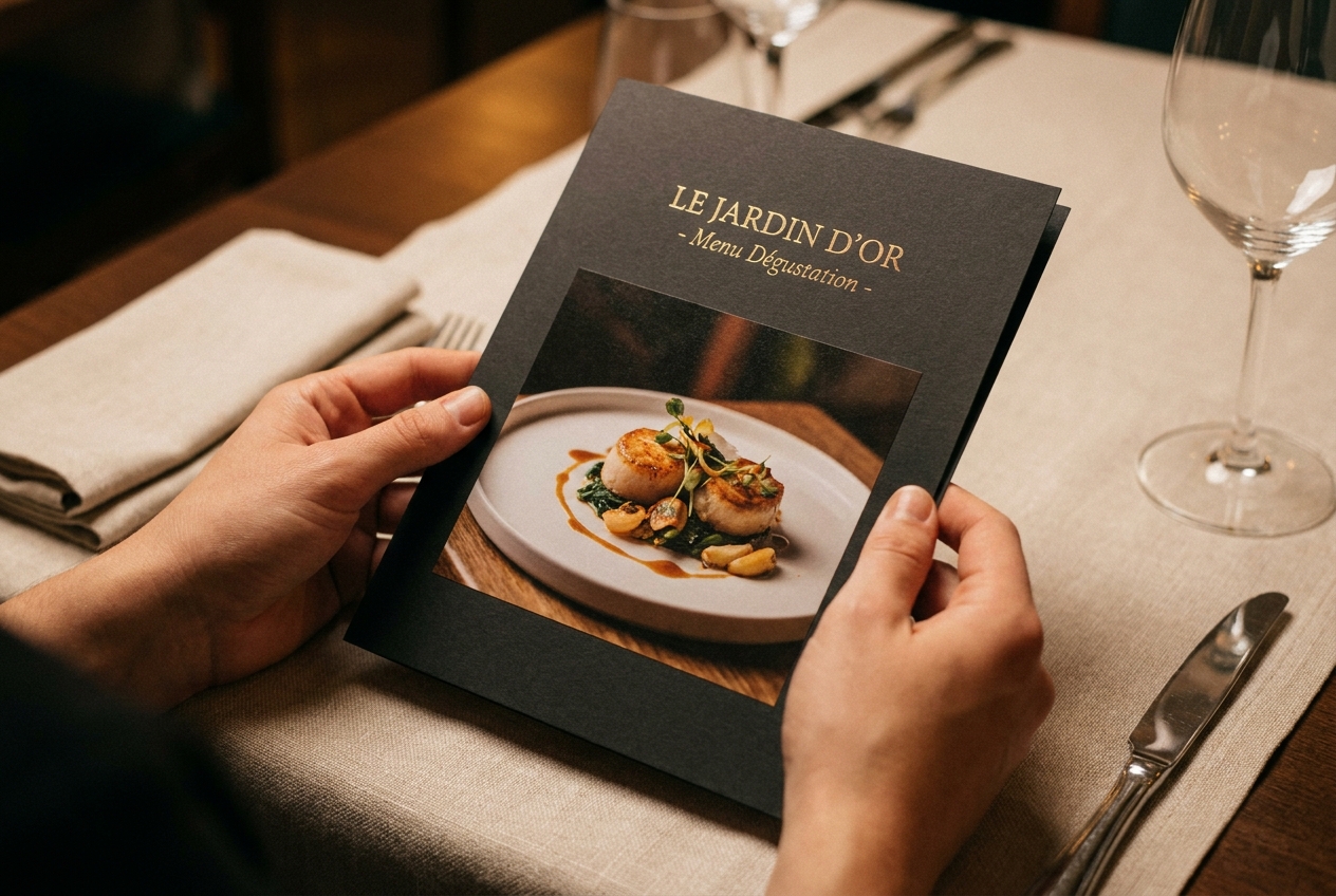Hands holding an elegantly designed restaurant menu