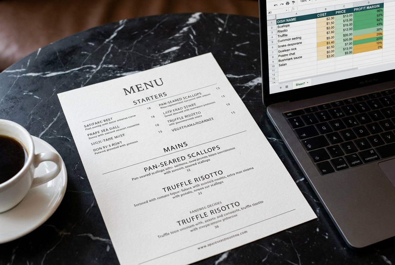 A restaurant menu showing clear visual hierarchy with strategy notes