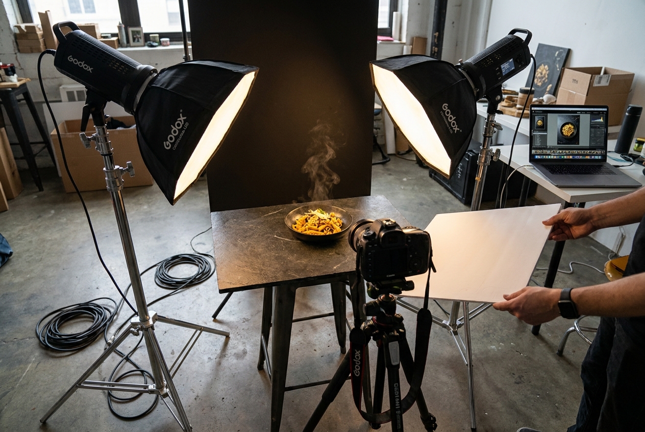 Behind-the-scenes food photography setup with professional lighting
